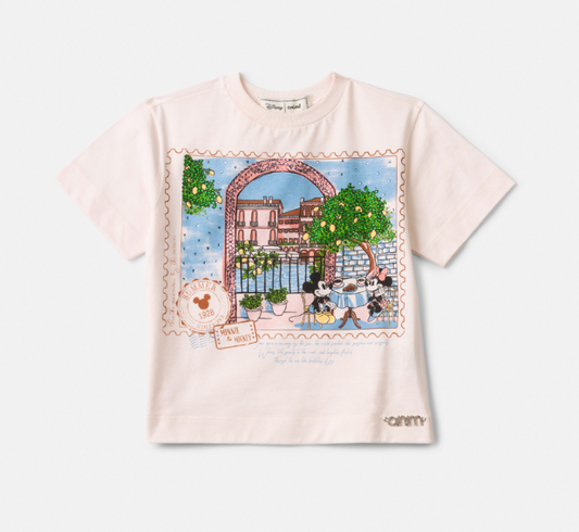 Conjunto Infantil Blusa Mickey e Minnie Paris e Shorts Azul Pregas Com Pingente - Animê