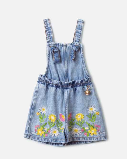 Conjunto Infantil Blusa Mangas Curtas Pingente Amarelo e Jardineira Jeans Bordado Floral - Animê