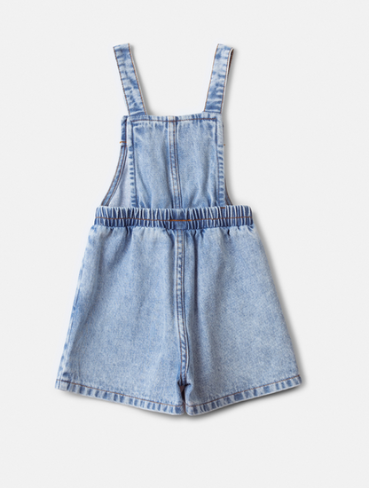 Conjunto Infantil Blusa Mangas Curtas Pingente Amarelo e Jardineira Jeans Bordado Floral - Animê