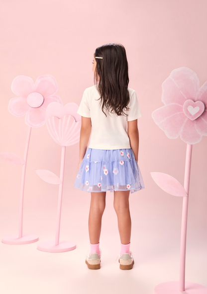 Conjunto Infantil  Blusa Daisy Duck Com Strass Pérola e Saia Tule Bordado Flores Lilás - Momi