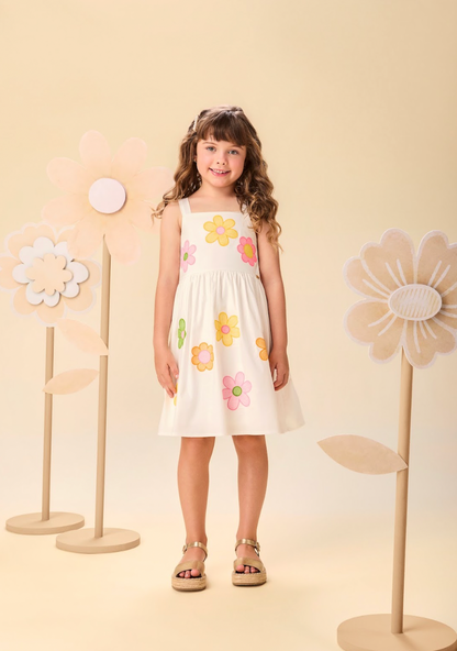 Vestido Infantil Alças Fina Bordado Flores Off White - Momi