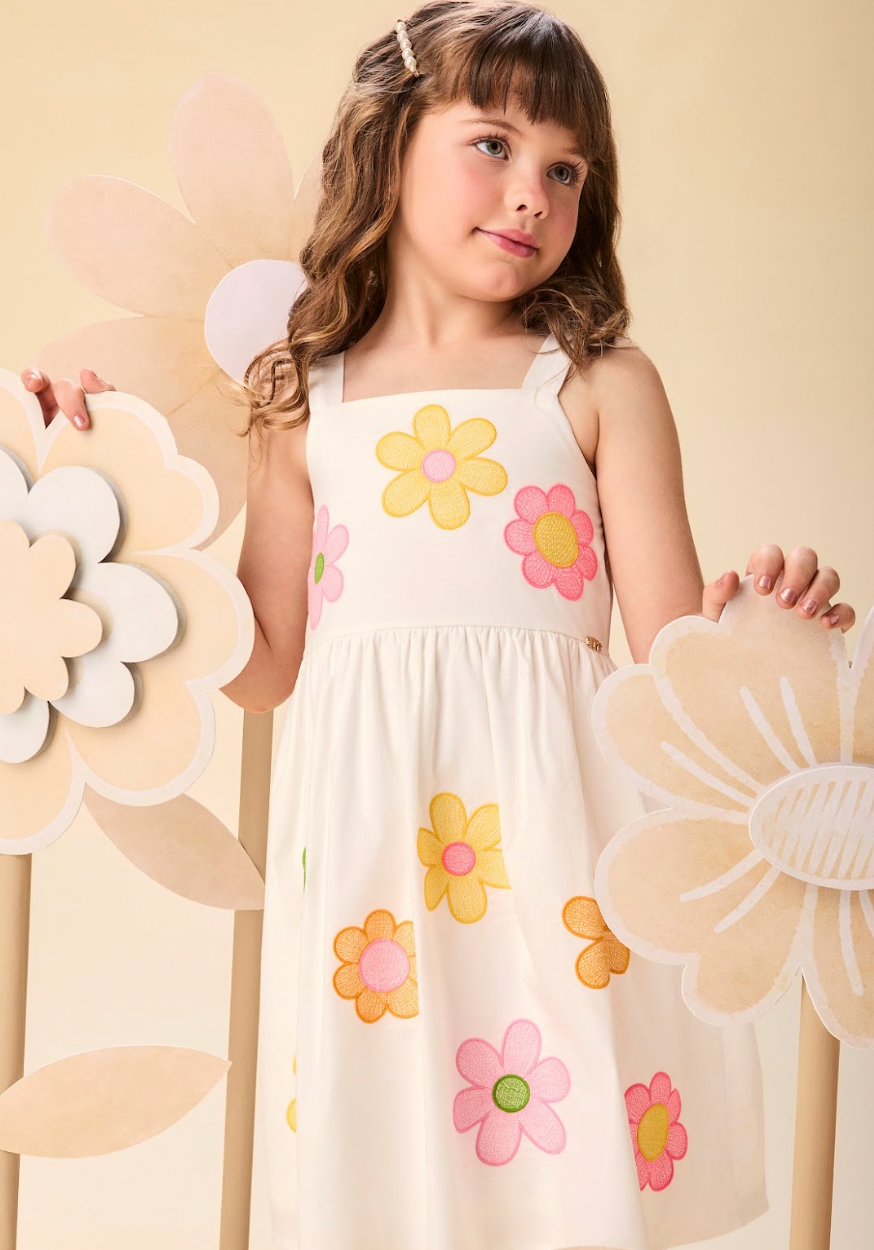 Vestido Infantil Alças Fina Bordado Flores Off White - Momi