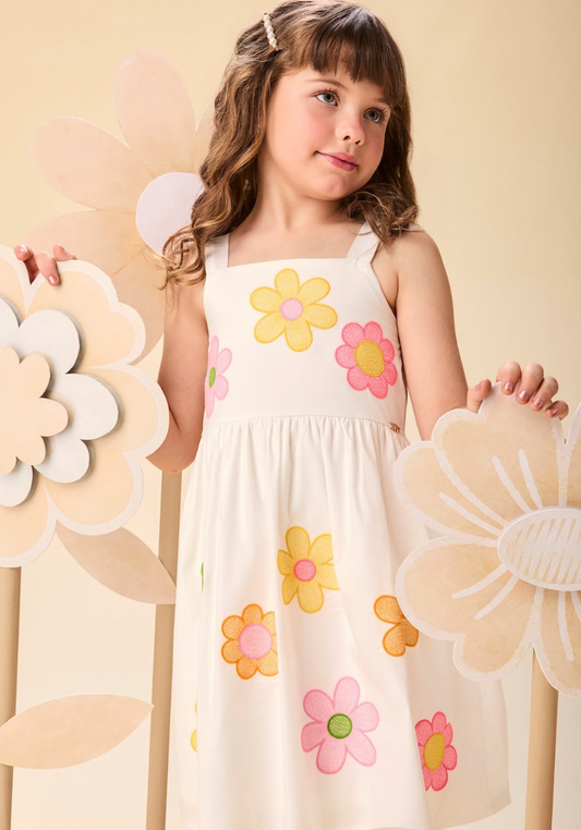 Vestido Infantil Alças Fina Bordado Flores Off White - Momi