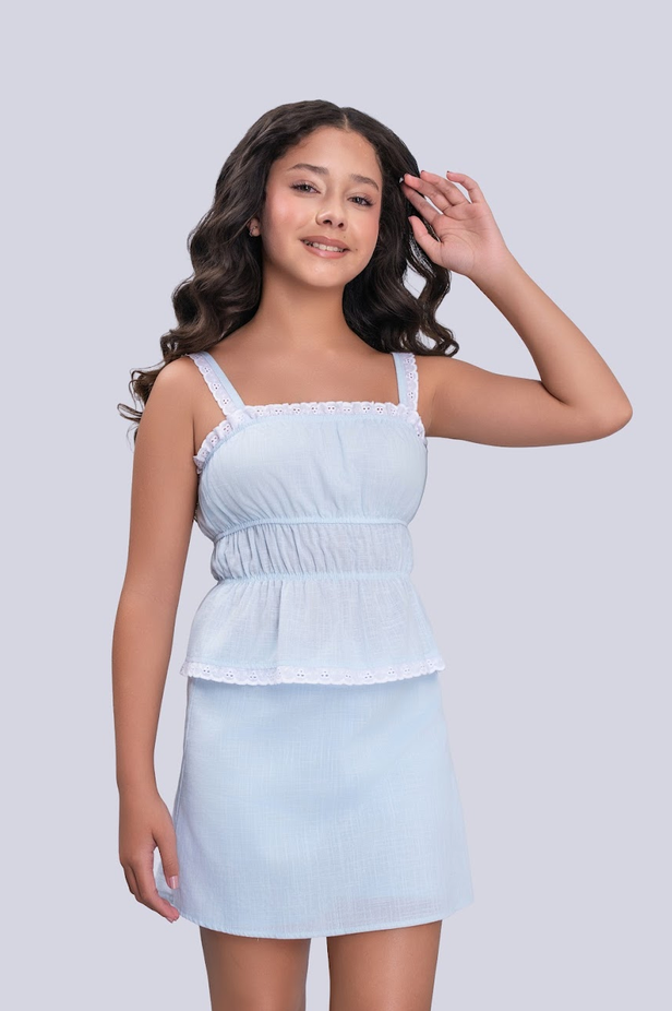 Conjunto Teen Blusa Acabamento Em Renda e Saia Azul - Vanilla Cream