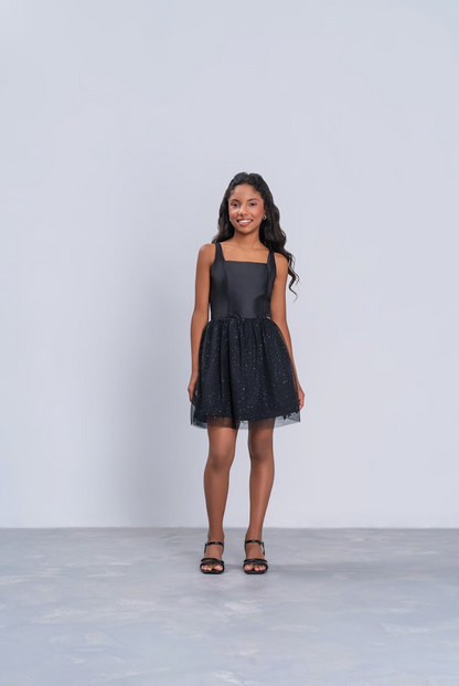 Vestido Teen Saia Em Tule Brilhante Preto - Vanilla Cream