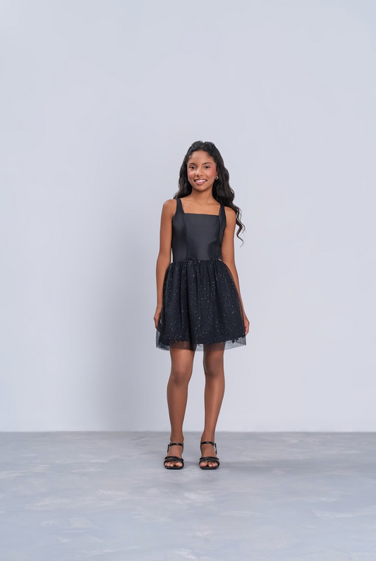 Vestido Teen Saia Em Tule Brilhante Preto - Vanilla Cream