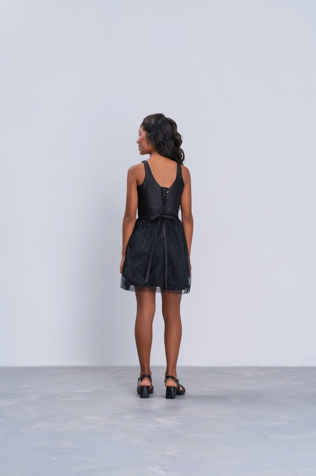 Vestido Teen Saia Em Tule Brilhante Preto - Vanilla Cream