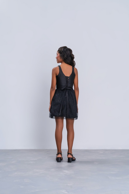 Vestido Teen Saia Em Tule Brilhante Preto - Vanilla Cream