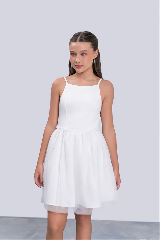 Vestido Teen Off White Com Alças Finas e Saia em Tule - Vanilla Cream