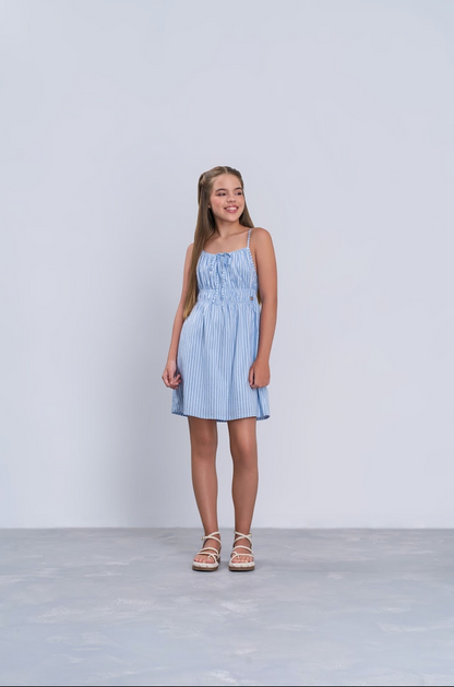 Vestido Teen Azul Listrado e Alças Finas - Vanilla Cream