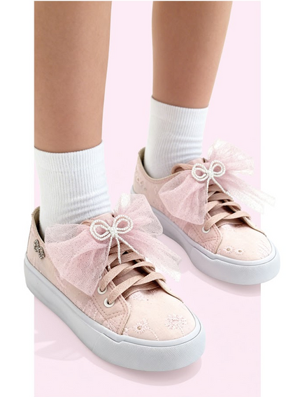 Tênis Infantil Casual Rendado Laço Tule Rosa Claro - Luluzinha
