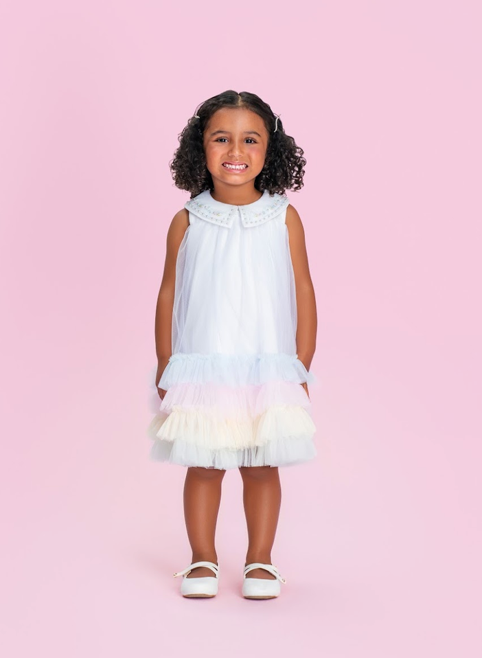 Vestido Infantil Trapézio Tule Colorido e Bordados com Pérolas - Petit Cherie