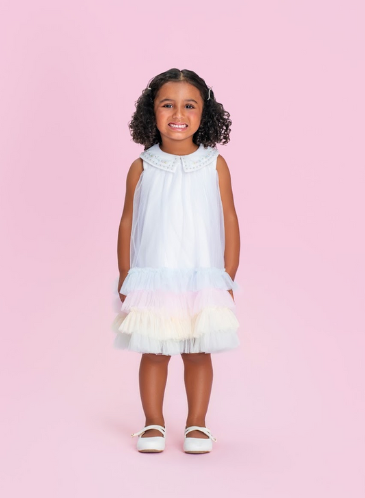 Vestido Infantil Trapézio Tule Colorido e Bordados com Pérolas - Petit Cherie