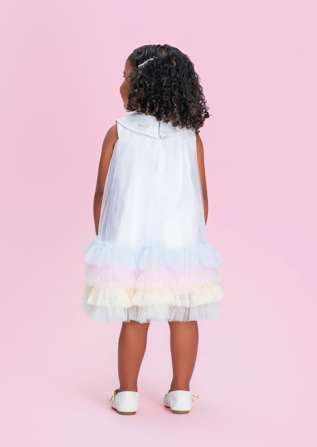 Vestido Infantil Trapézio Tule Colorido e Bordados com Pérolas - Petit Cherie