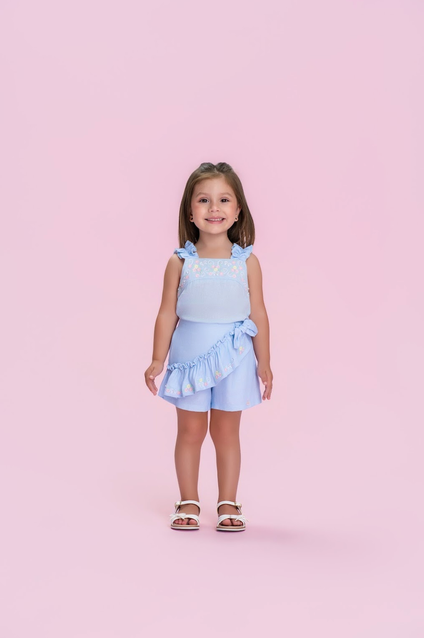 Conjunto Infantil Blusa Linho Bordada Flores e Shorts Bordado Flores - Petit Cherie