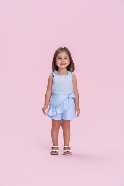 Conjunto Infantil Blusa Linho Bordada Flores e Shorts Bordado Flores - Petit Cherie