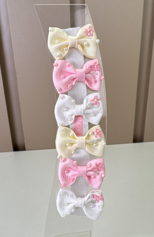 Lacinhos Bebê Bordado Pérolas 3 Pares Rosa, Off e Branco - Roana