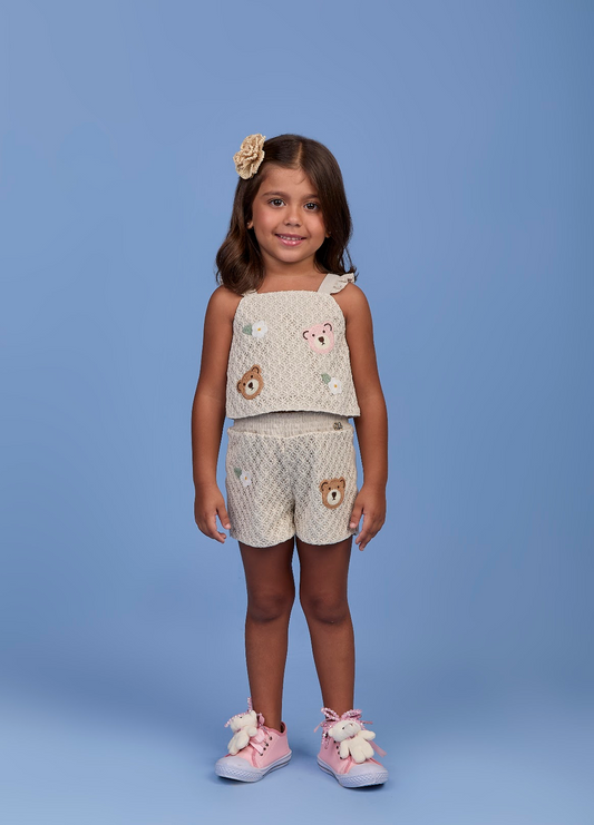 Conjunto Infantil Blusa Short Ursinho Crochê - Gabriela Aquarela