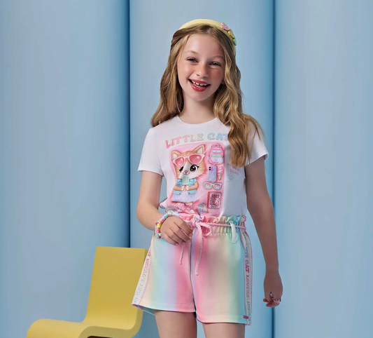 Conjunto Infantil Blusa Cat e Shorts Colorido Arco-Íris - Infanti