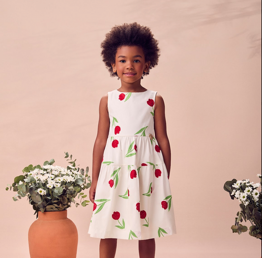 Vestido Infantil Off White Tulipas Vermelhas Bordada - Animê