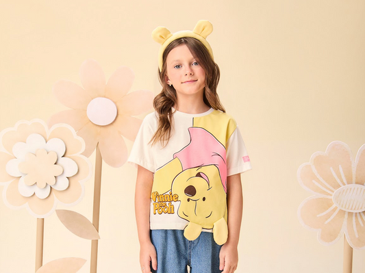 Conjunto Infantil Blusa Ursinho Pooh Orelhas Pérolas e Calça Jeans Wide Leg  - Momi