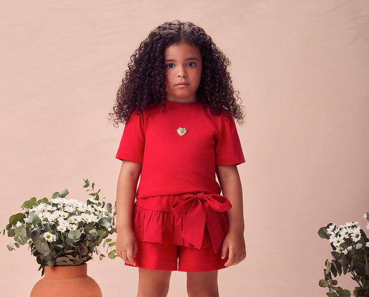 Conjunto Infantil Blusa Vermelho Shorts com Laço e Babado - Animê