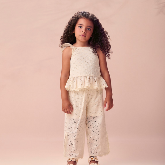 Conjunto Infantil Blusa e Calça em Laise Bordado Off White - Animê