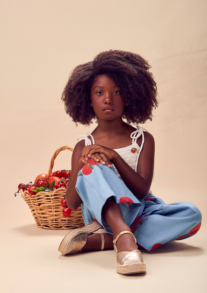 Conjunto Infantil Blusa Branca Calça Bordado Tomate - Animê