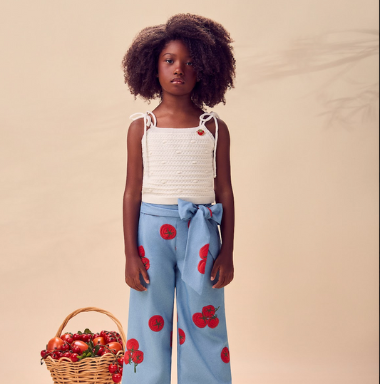 Conjunto Infantil Blusa Branca Calça Azul Bordade de Tomate - Animê