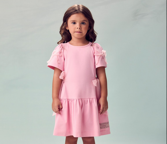 Vestido Infantil Laço Bordado Rosa Amaração de Laço Cintura - Animê