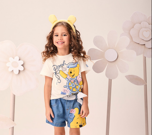 Conjunto Infantil Blusa Pooh Marinheiro e Short  Jeans Ursinho Pooh - Momi