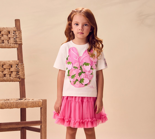 Conjunto Infantil Blusa Minnie Pérola e Saia Tule Rosa - Animê