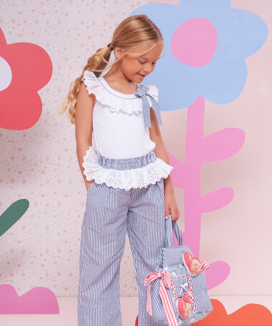 Conjunto Infantil Blusa Babado com Laço e Calça Reta Listrado - Pituchinhus