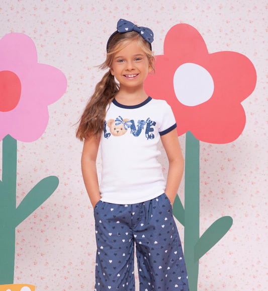 Conjunto Infantil Blusa Canelada Ursinha Love e Calça Pantacourt  Marinho - Pituchinhus
