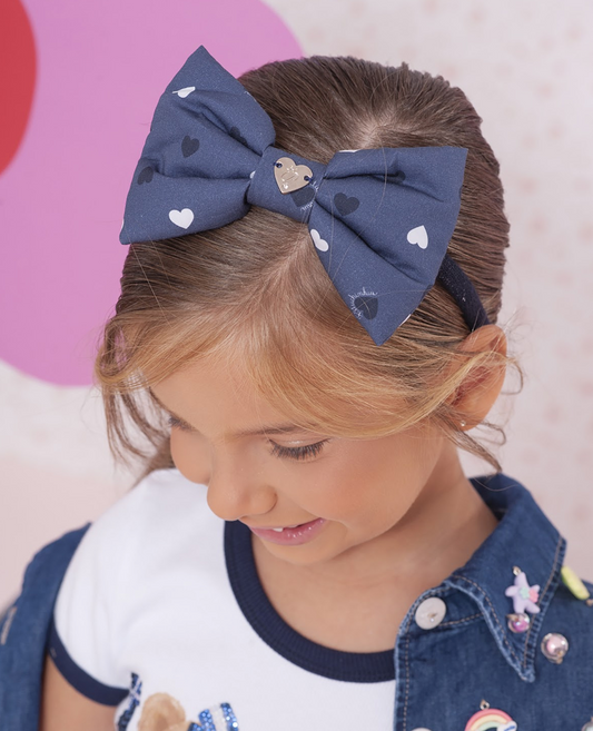 Tiara Infantil Algodão Estampado Mini Coração Branco e Azul - Pituchinhus