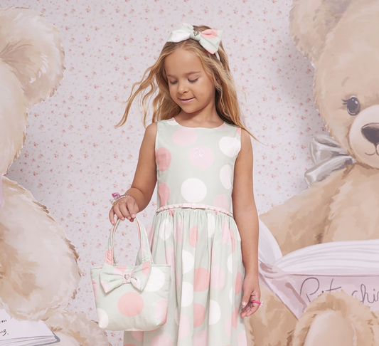 Vestido Infantil Verde Poá com Cinto de Pérolas e Laço - Pituchinhus