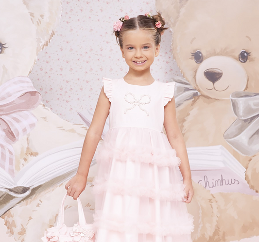 Vestido Infantil Rosa com Laço de Pérolas e Babados em Tule - Pituchinhus