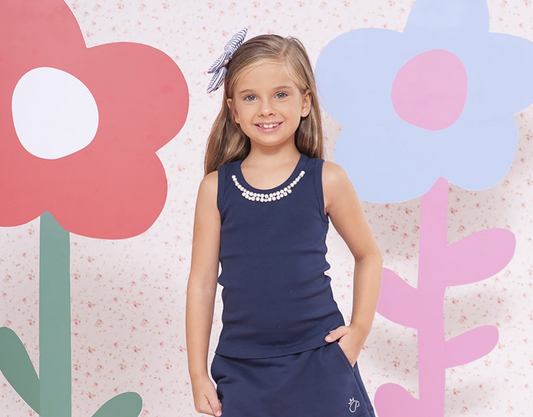 Regata Infantil Azul Marinho com Detalhe de Pérolas - Pituchinhus