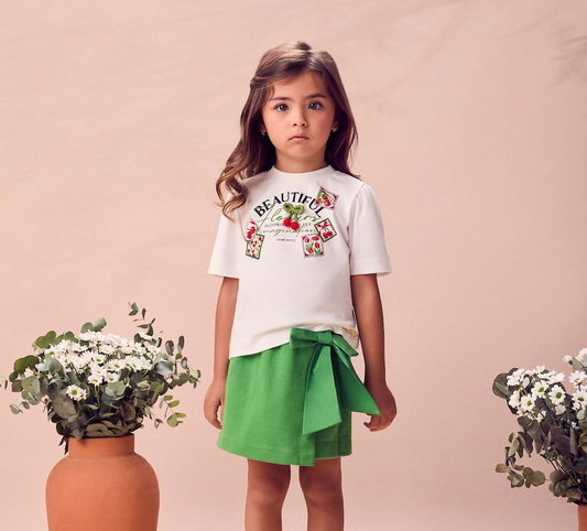 Conjunto Infantil Blusa Cereja Short Saia Verde - Animê