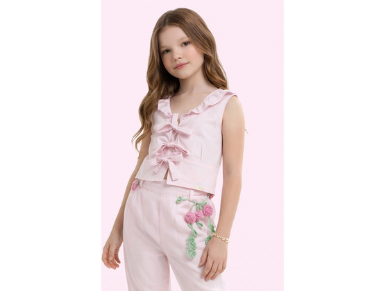 Conjunto Infantil Blusa Amarração Rosa e Calça Wide Leg Cinto de Flores Rosa - Luluzinha