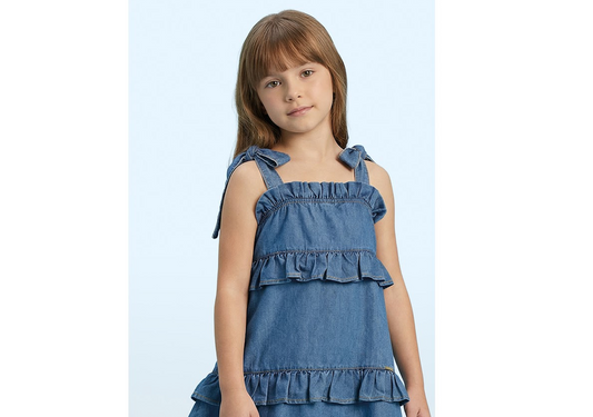 Vestido Infantil Jeans Rodado com Babados Alça Laço - Luluzinha