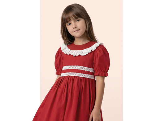 Vestido Infantil Vermelho Tricoline com Manga Princesa Aplicção de Babadinho - Luluzinha