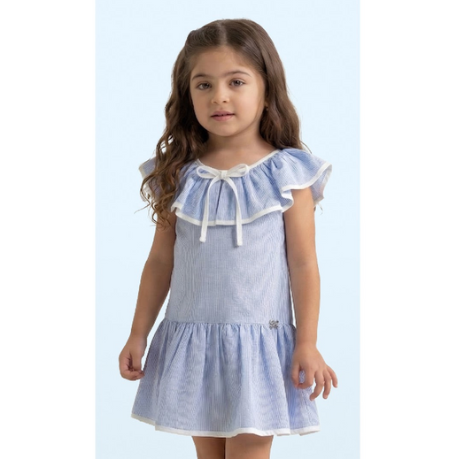 Vestido Infantil Trapezio Listrado com Babados e Franzidos - Luluzinha