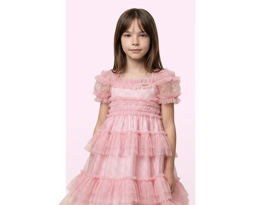 Vestido Infantil Midi Rosa com Babados em Tule - Luluzinha