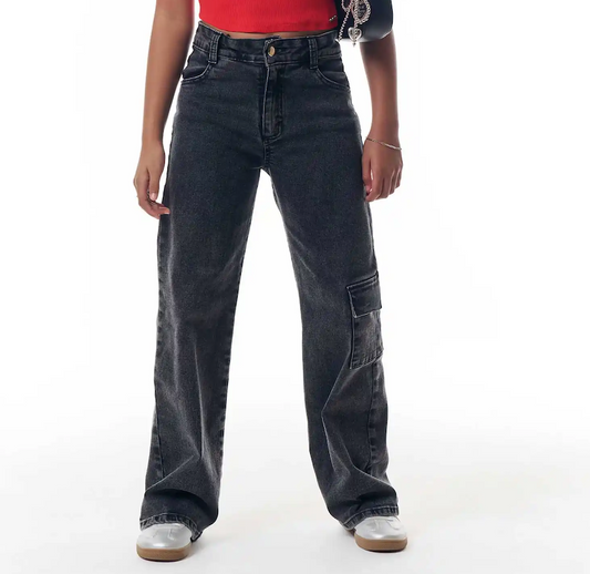 Calça Infantil Jeans Wide Leg Elastano Preta - Vic Vick