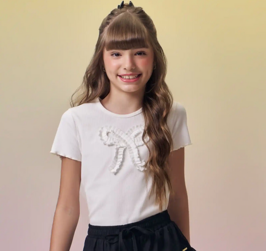 Blusa infantil Canelada Laço Branco - Vic Vick