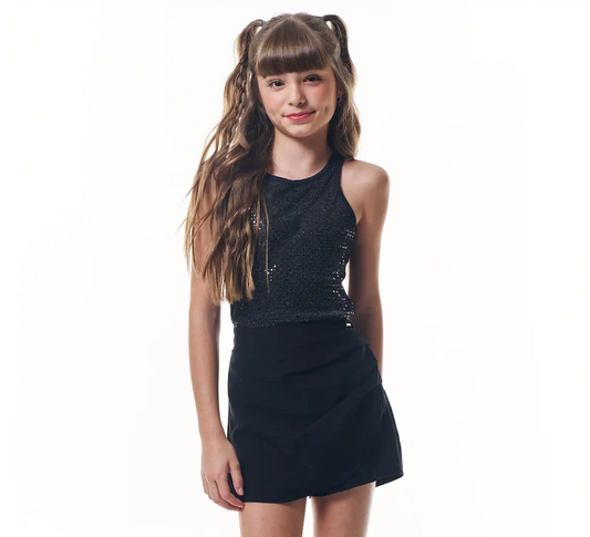 Conjunto Infantil Regata Malha Brilho Short Saia Alfaiataria Preto - Vic Vick