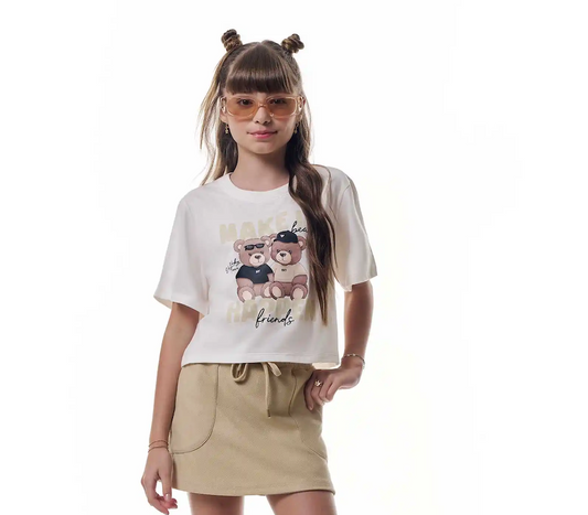 Conjunto Infantil Blusa Urso Saia Off White Elastano - Vic Vick