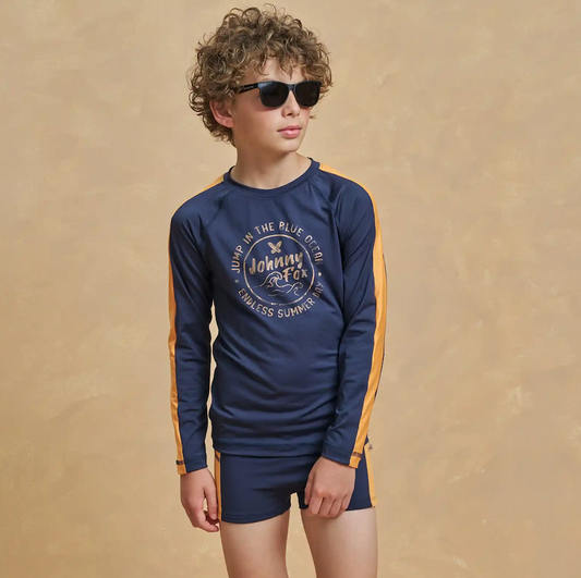 Conjunto Infantil Camisa de Manga Longa e Sunga Marinho e Laranja - Little Johnny
