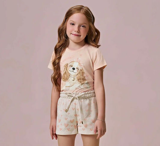 Conjunto Infantil Blusa Laranja Cachorrinho Short Moletom - Infanti